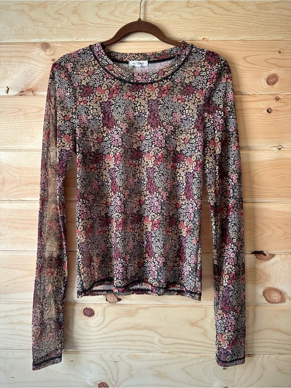 90s Y2K Sheer Mesh Floral Top Ditsy Print Long Sleeve Layering Shirt Large